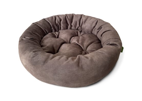 Лежак для тварин круглий, тканина велюр антикіготь, наповнення синтепон 50% + холофайбер 50%. Зображено варіант в коричневому кольорі